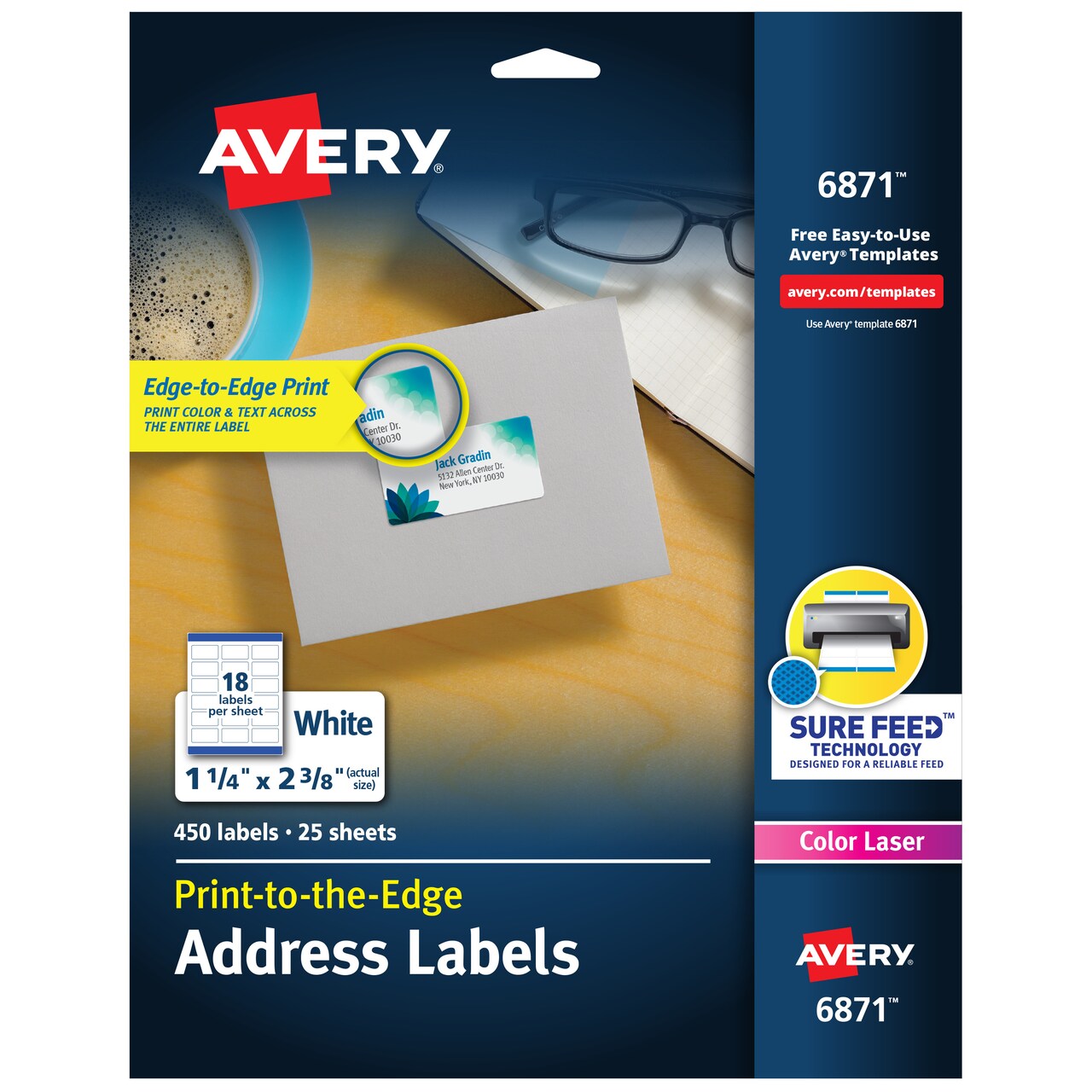 Avery Print-to-the-Edge Printable Address Labels, 1-1/4" x 2-3/8", Matte White, Sure Feed Technology, Laser & Inkjet Compatible, 450 Blank Labels Total (6871)